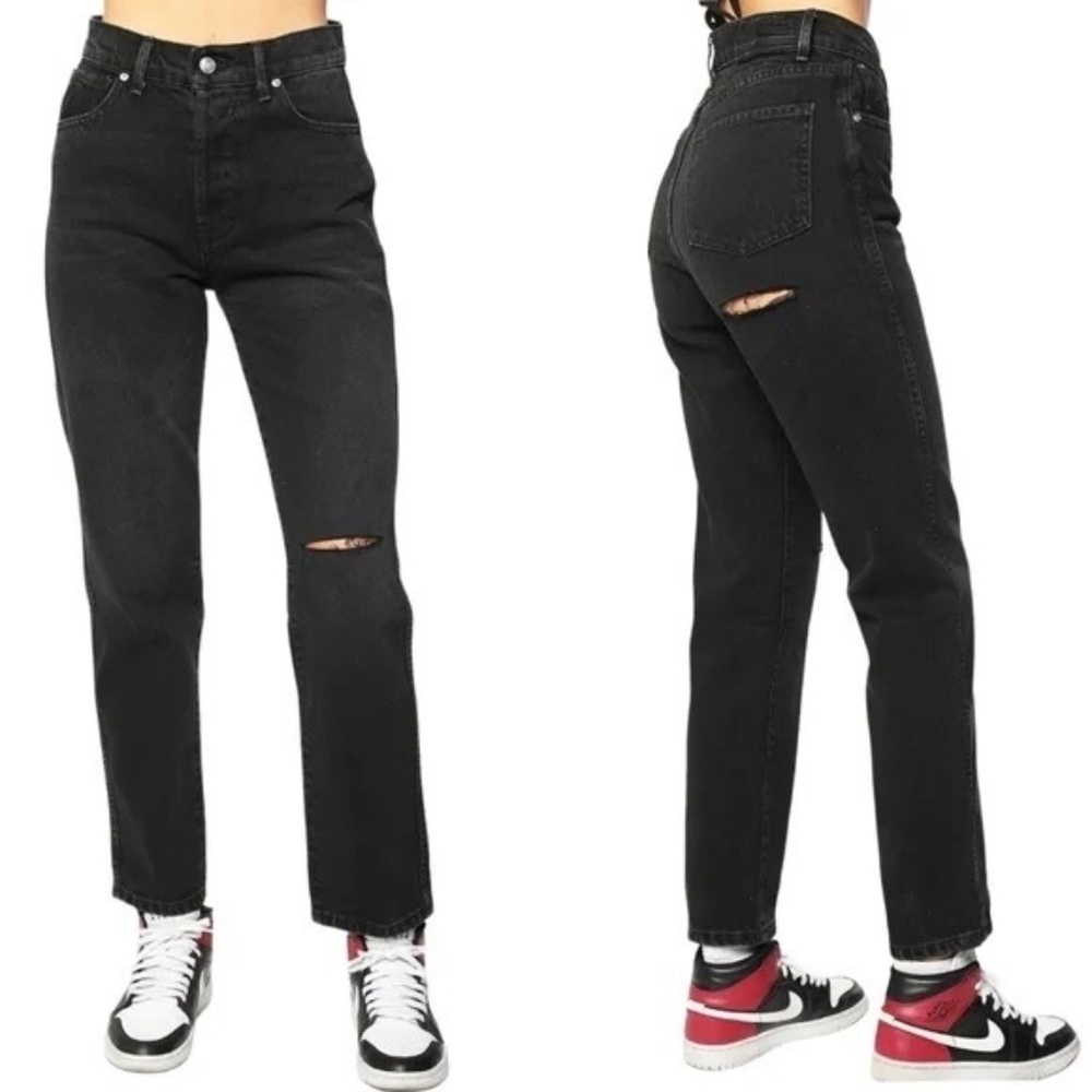 REVICE Ex-Boyfriend Ripped High Waisted Straight Leg Jean Black Size 24 NWT